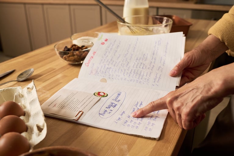 Home cook writing down her family recipes in a notebook on the kitchen counter